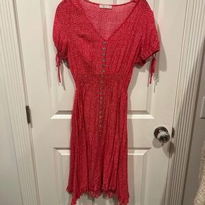 Calista Red Floral Button Front Midi Dress